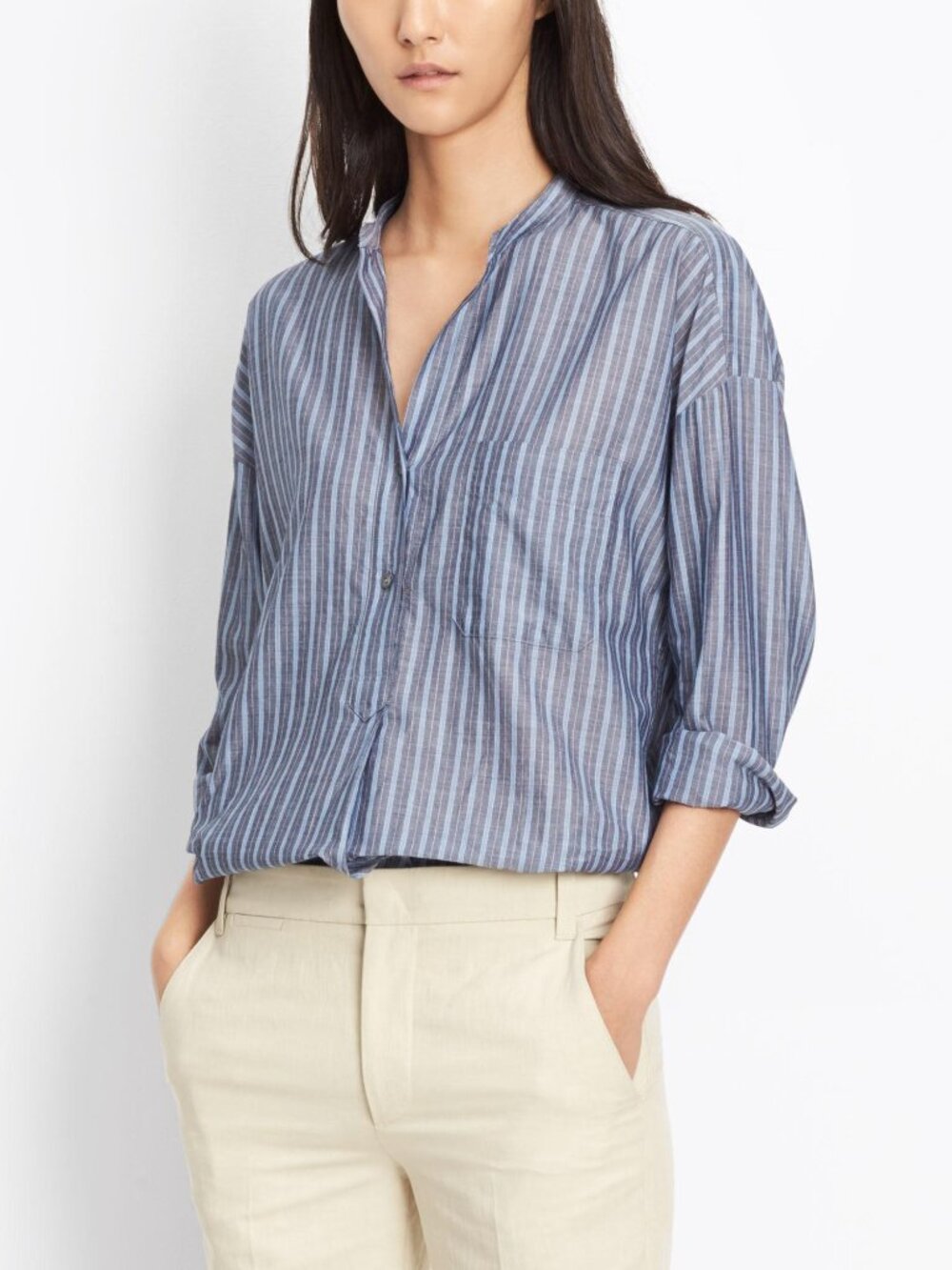 Vince Wide Stripe Oversized Pullover Blouse Coastal Chambray NWT Size S $295